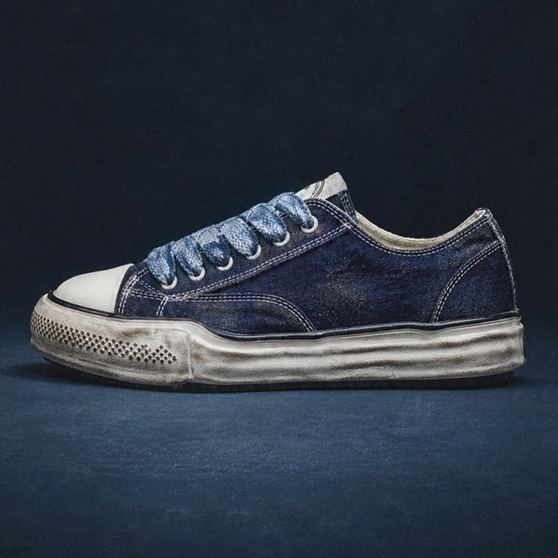 Maden Men's American Retro Running Street Sneakers Washed Denim Canvas Low-Tops with Thick Cushion Sole for Summer Street Style