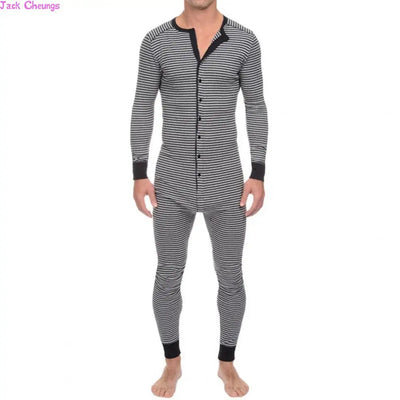 Men Skinny Striped Jumpsuit Long Sleeve O Neck Buttons | SAMAG