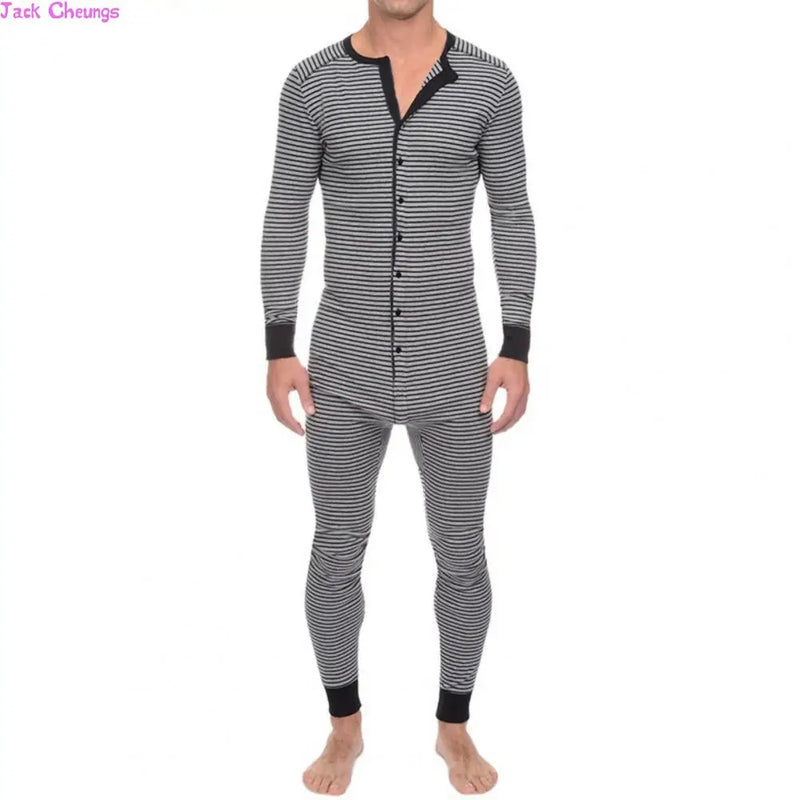 Men Skinny Striped Jumpsuit 2021 Long Sleeve O Neck Buttons Romper Sleepwear Overall Homewear Pajamas Sets Underwear
