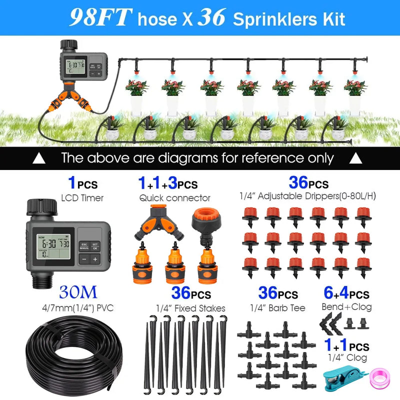 30-5m Garden LCD Button Timer Irrigation Set 0-80L/H Rotating Adjustable Nozzle Intelligent Display Automatic Watering System