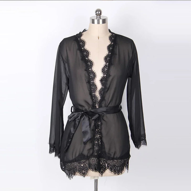 Summer Pajamas Lace Sexy Lingerie Woman Robe Babydoll Erotic Transparent Dress Black Nightdress Gowns