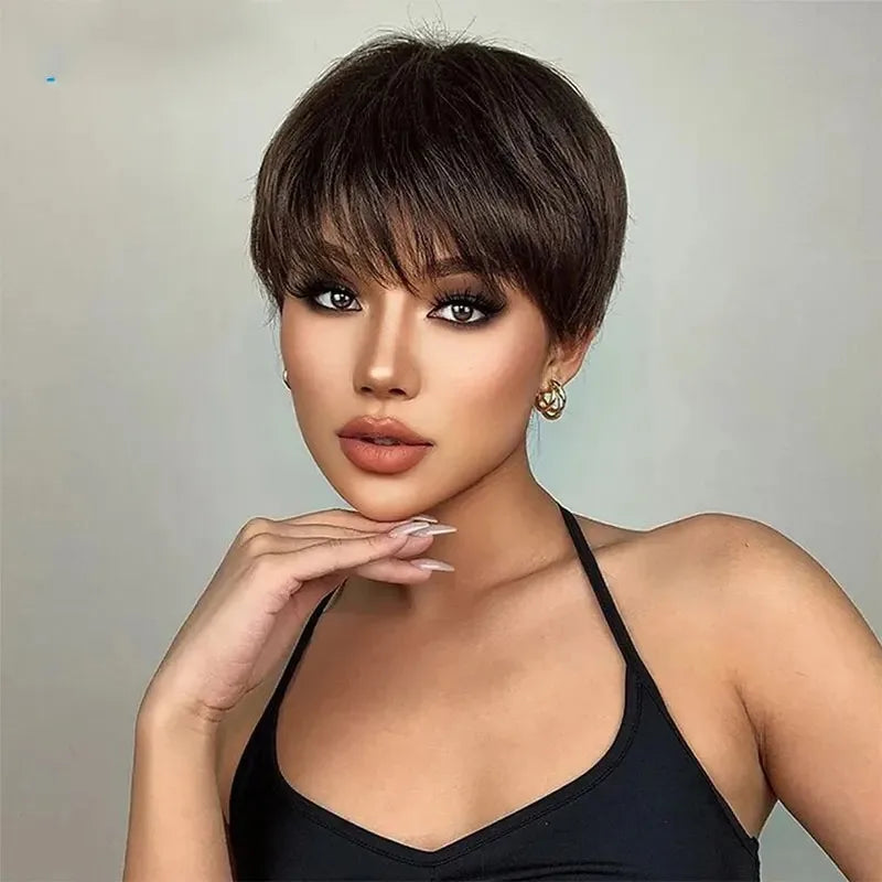 Short Pixie Cut Wig Human Hair Brazilian 100% Human Hair Glueless Pixie Wig with Bangs for Women Natural Black Full Machine Wigs