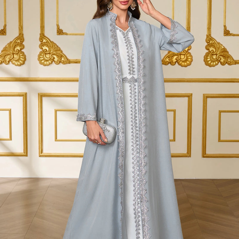 French-Style Luxury Grey-Blue Lace Embroidered Dress Set | SAMAG