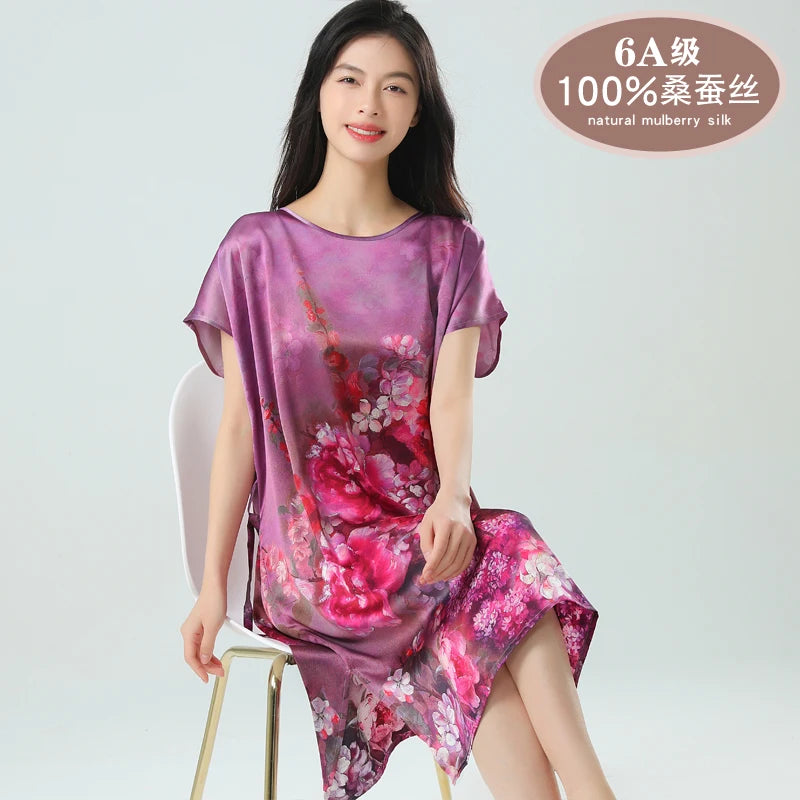 19MM 100% Mulberry  Silk Dress Pajamas Sleeping Home Dress Nightwear Women's Loose Plus Size  Short Sleeve Summer  40-80kg