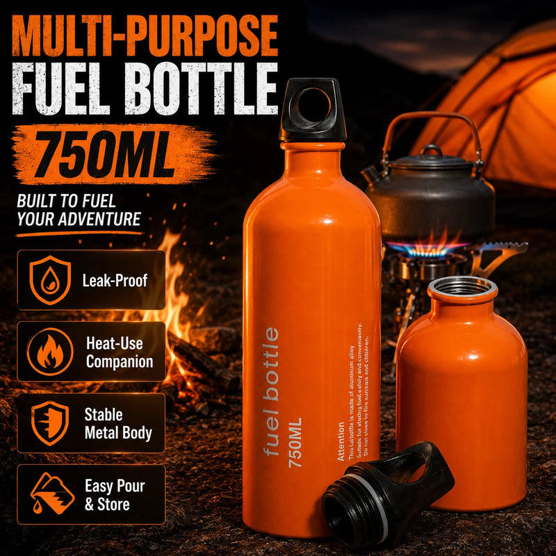 750ml Aluminum Fuel Bottle Camping Stove Gas Oil Storage Can Leakproof Orange Lightweight Outdoor Fuel Container for Backpacking Hiking Picnic Camp Burner Refill Portable Travel Bottle Durable Safety Cap Camping Gear Accessor