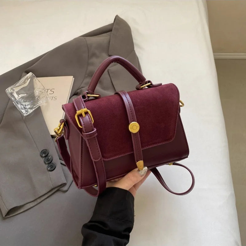 Suede Fabric Handbag with Adjustable Strap Golden-Tone Hardware and Flap Closure - Trendy Commuting Hobo Crossbody Bag for Women