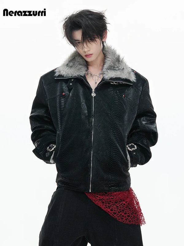 Nerazzurri Autumn Winter Thick Warm Faux Fur Patchwork Snakeskin Print Pu Leather Jacket Men Luxury Emo Menswear Clothing 2026