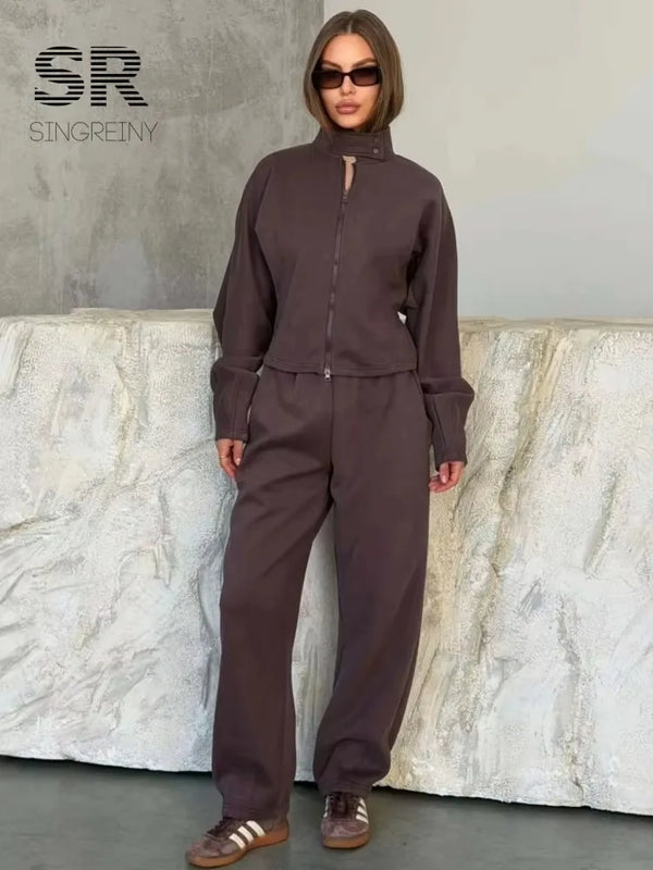 SINGREINY Autumn Stand Collar Casual Sweatshirts Suits Women Long Sleeves Zipper Slim Top+Long Pants Trendy Street Tracksuits