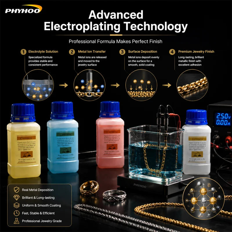 PHYHOO Professional Jewelry Electroplating Solution Kit Gold Silver Rose Plating Formula Fluid System For Workshop DIY Crafts