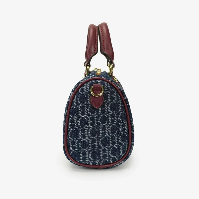 CH Womens Denim Monogram Boston Bag Leather Trim Lock Detail Crossbody Handbag Fashion Top Handle Bag