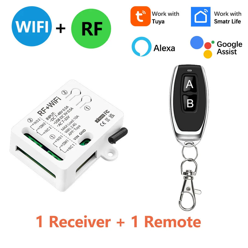 Tuya WiFi RF Switch DC 12V 24V 2Channels Dry Contact Relay Wireless Remote Control Transmitter 50m work with Google Assist,Alexa