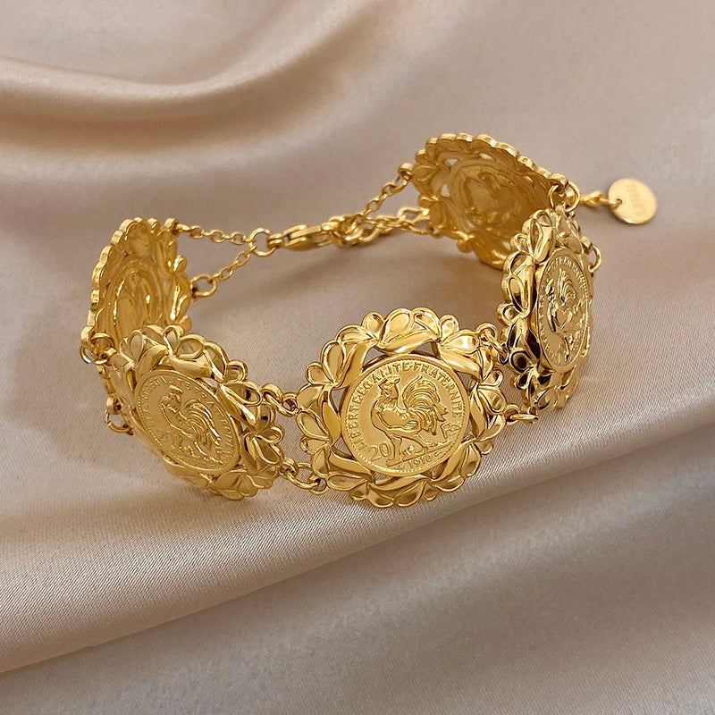Vintage Gold Plated Stainless Steel Coins Wrist Bracelet for Women Men Classic Ethnic Cuff Bracelets Waterproof Jewelry