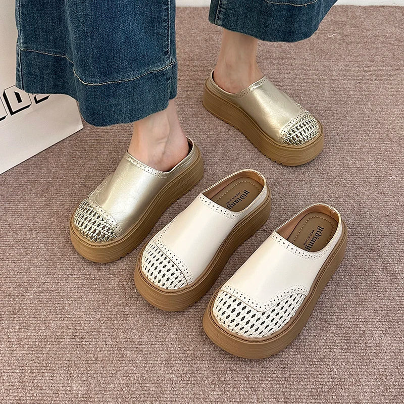 New Summer Women Ladies Stylish Perforated Woven Chunky Platform Mule Clogs Round Toe Non Slip Casual Slide Slippres Dress Shoes