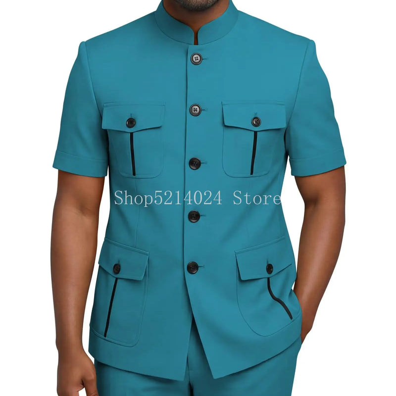 Mens Safari Suit 2 Piece Short Sleeve Suits for Men Regular Fit Stand Collar Suit African Clothes