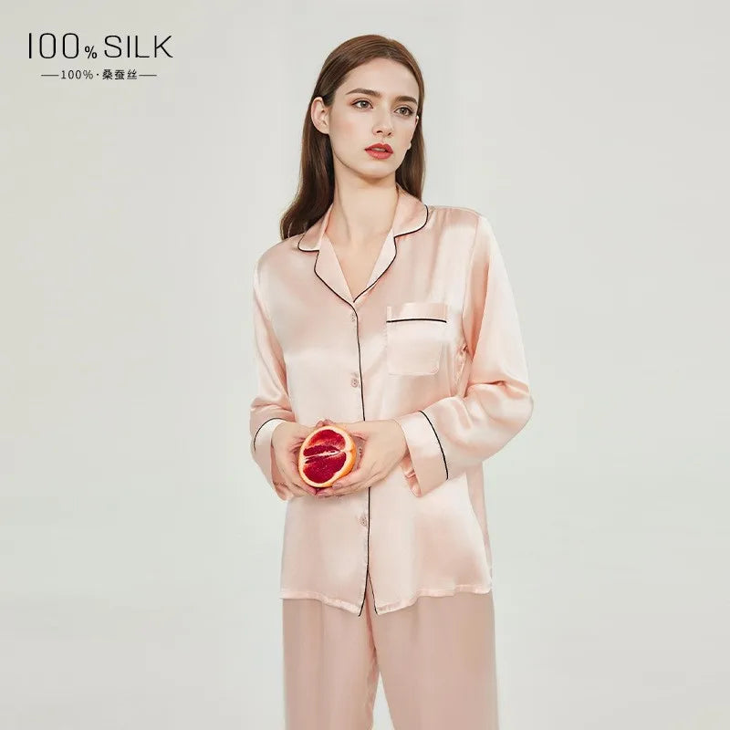 2025 Summer New Silk Pajamas Women's Long Sleeve Pants Lapel 100% Mulberry Silk Cool Home Clothes Set Pajamas Nightwear