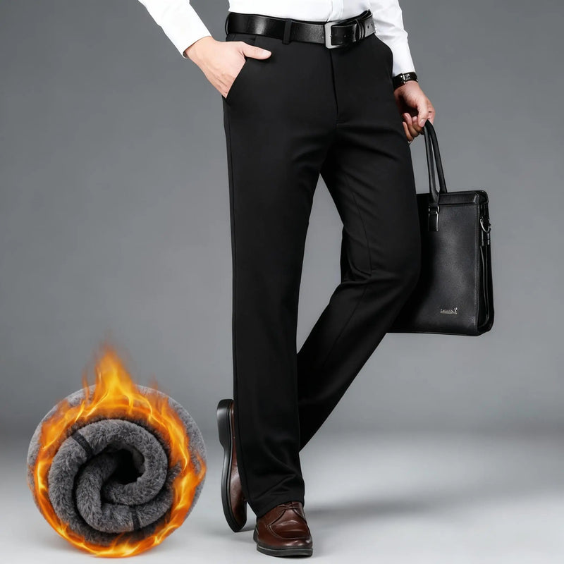 Winter Fleece Warm Business Formal Pants Men Classic Work Office Grey Elastic Waist Suit Thicked Thermal Trousers Plus