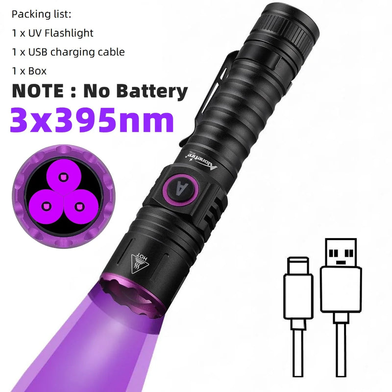 15W 365nm Rechargeable UV Flashlight Ultraviolet Black Light for Pet Urine Stains Uranium Glass Minerals Bug Scorpions Detector