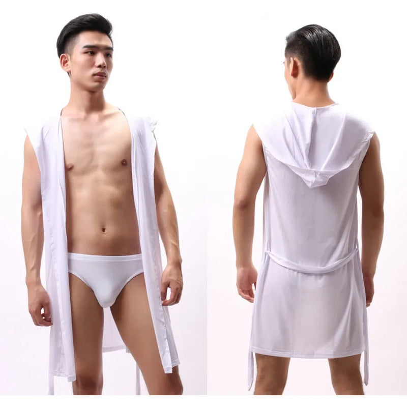 Men's Nightgown Sleeveless Oversized Silky Male Pajamas Hooded Bathrobe Ultra-thin Homewear Bath Robe Home Clothe