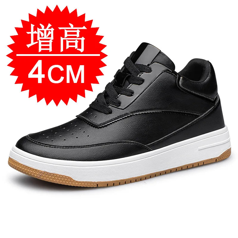 Men's Invisible Height Increasing Elevator Shoes 6cm 8cm 10cm Pure White Light-Weight Lace-up Genuine Leather Sporty Sneakers
