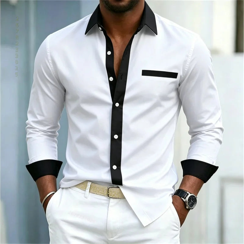 Men's shirt color blocking black and white lapel slim fit | SAMAG