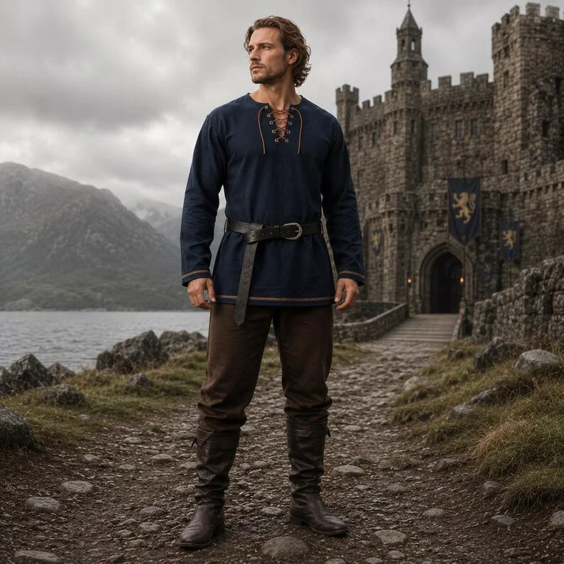 Men Medieval Lace Up Linen Long Sleeve Tunic Viking | SAMAG