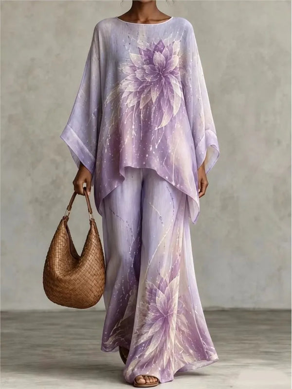Women 2 Piece Outfit Floral Print Loose Batwing Sleeve Blouse Wide Leg Pants Set Casual Bohemian Vacation Two‑Piece Suit Autumn