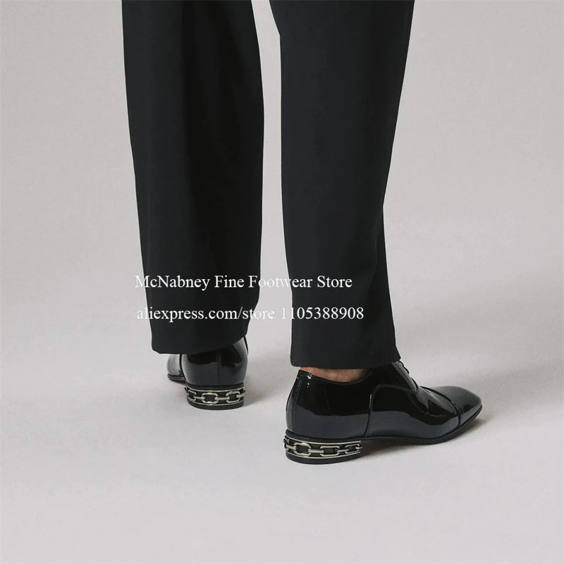 Patent Leather Metal Chain Heel Gentleman Oxfords Lace up Alpha Male Dress Shoes Classic Formal Shoes for Party Wedding Business