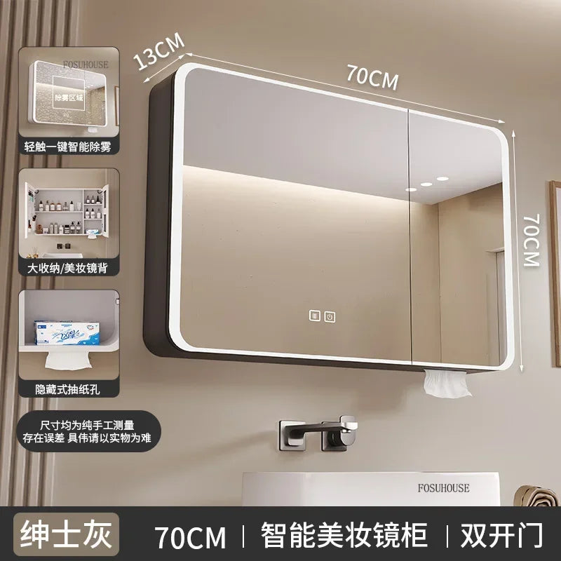 Minimalist Modern Arc-shaped Smart Bathroom Mirror Cabinets Home Furniture Wall-mounted Bathroom Mirror Cabinet with Lighting b