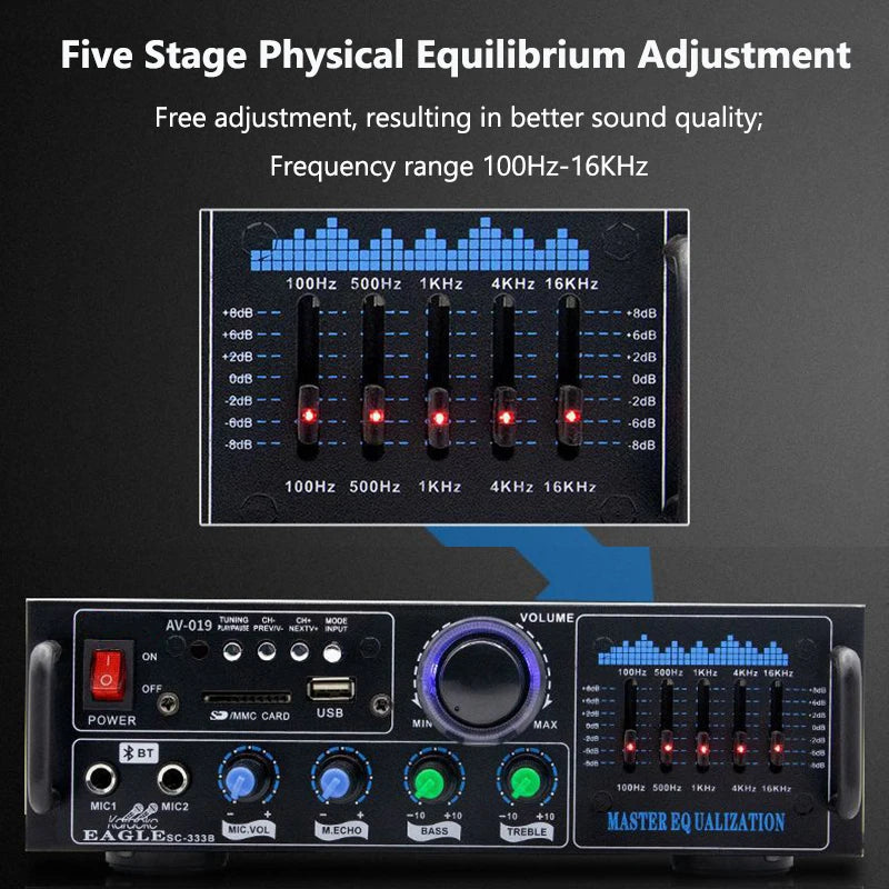 High Power Amplifier 2.0 Channel Audio Home Theater Amplifiers DC 12V 110V/220V Support FM SD USB Dual Mic Bluetooth Remote