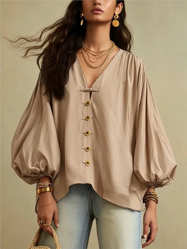 Autumn New Solid Color Fashion Single-breasted Loose Women Shirt Casual Retro Lantern Long-sleeved Versatile Female Vacation Top