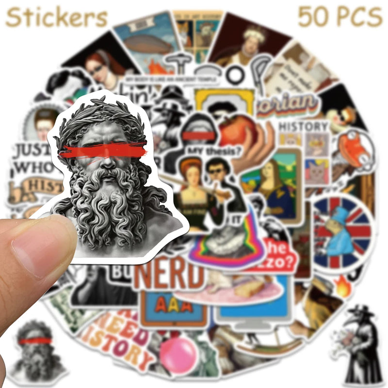 50pcs Funny History Stickers Decals For Phone Laptop Skateboard Refrigerator Helmet DIY Cartoon Waterproof Stickers For Students
