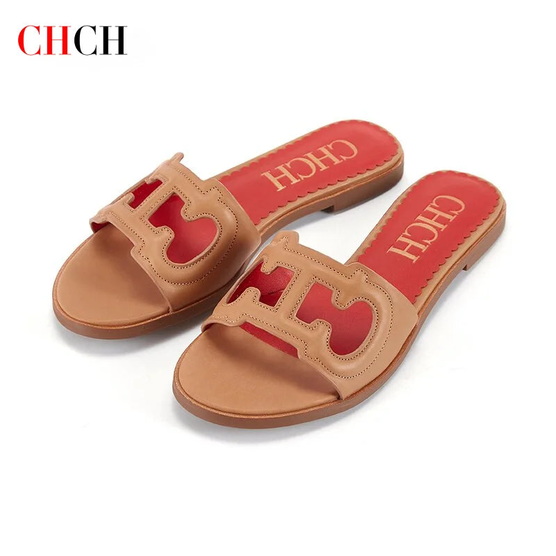 CHCH Women's Slippers 2024 Simple Black Flat Flat Women's Shoes Home Indoor Slippers