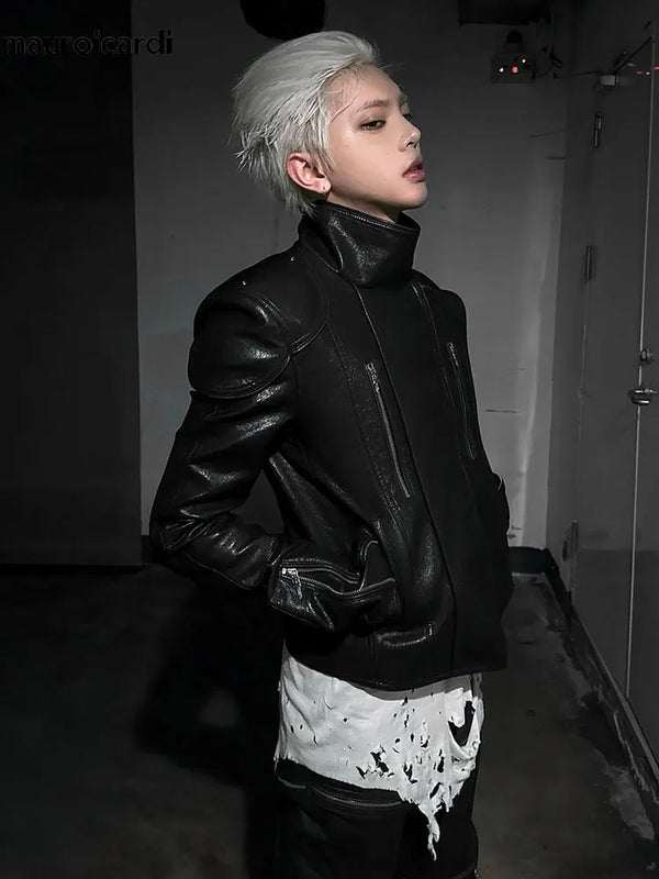 Mauroicardi Spring Black Short Pu Leather Jacket Men with Back Zipper Luxury Brands Original Emo Streetwear Punk Style Clothing
