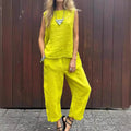 Summer Cotton And Linen Casual Outfits Female Fashion Solid Color Two-piece Set For Women Sleeveless Top Trousers Women's Suit