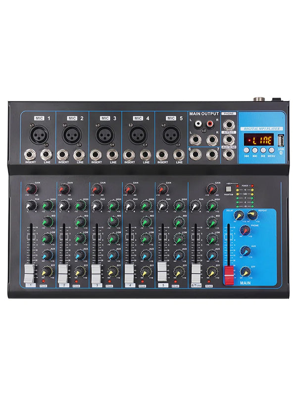 NXG F7 Professional Audio Mixer, 7-Channel Sound Console, Alloy Black, with USB Playback, PC Recording, XLR Mic Jack, RCA, for Live Streaming