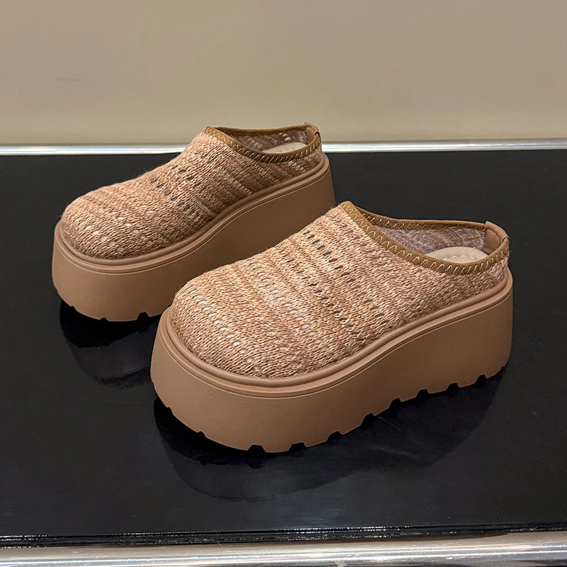 Women Ladies Summer Hollow Knit Mesh Chunky Wedge Heels Platform Round Toe Clogs Slides Casual Lazy Mules Sandals Slippers Shoes