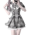 College-Style Retro Gray Plaid Shirt Dress for Women, Summer Sweet Little Girl's Bow Lace Waist-Cinching Short Dress