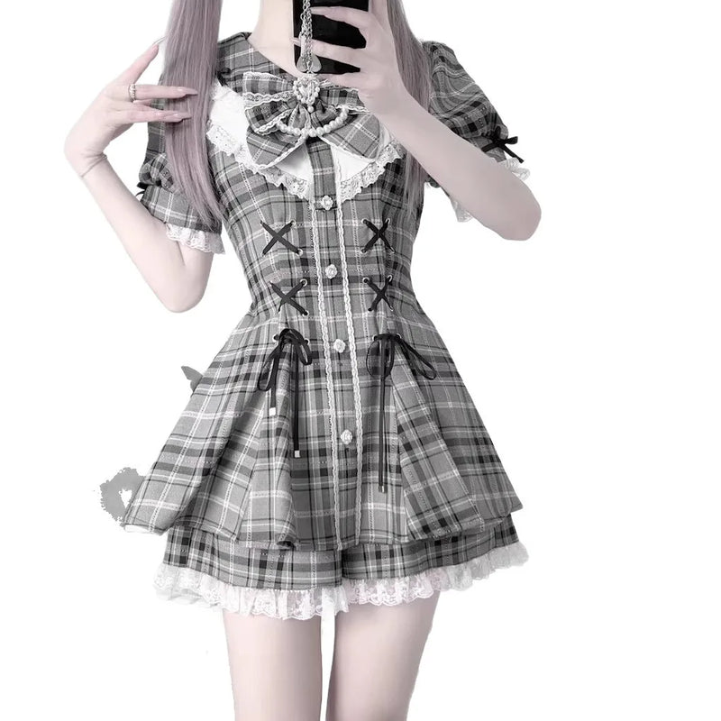 College-Style Retro Gray Plaid Shirt Dress for Women, Summer Sweet Little Girl's Bow Lace Waist-Cinching Short Dress