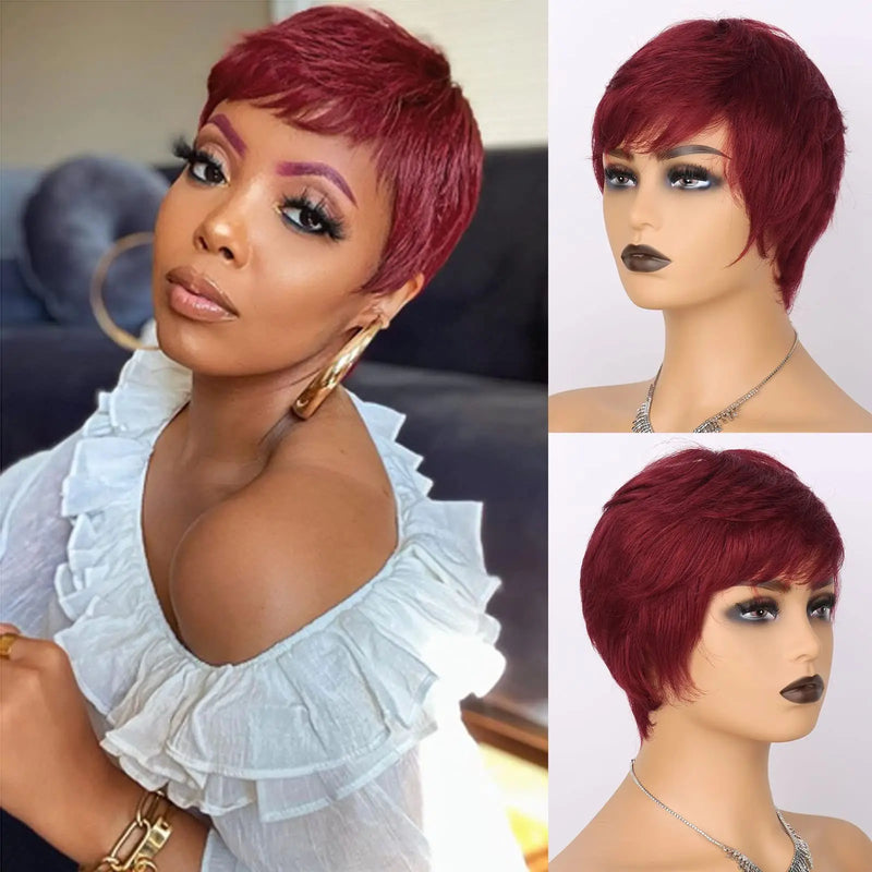 Short Pixie Wig Human Hair Layer Cut Short Human Hair Wigs Brown Red Ombre Highlight Duby Wigs Cheap Full Machine Wigs for Women
