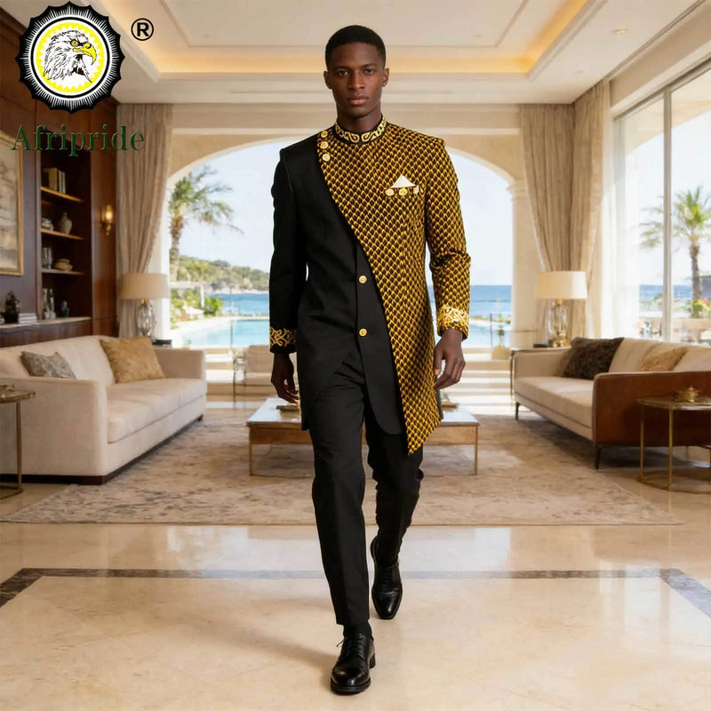 African Suits for Men Embroidery Print Blazer and Pants Set Business Dress with Kerchief Party Wedding - View 2 | SAMAG