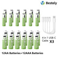 1.5V AA 13600mAh + AAA 6800mAh Rechargeable Lithium Battery Set with USB-C Fast Charging Type C Cable