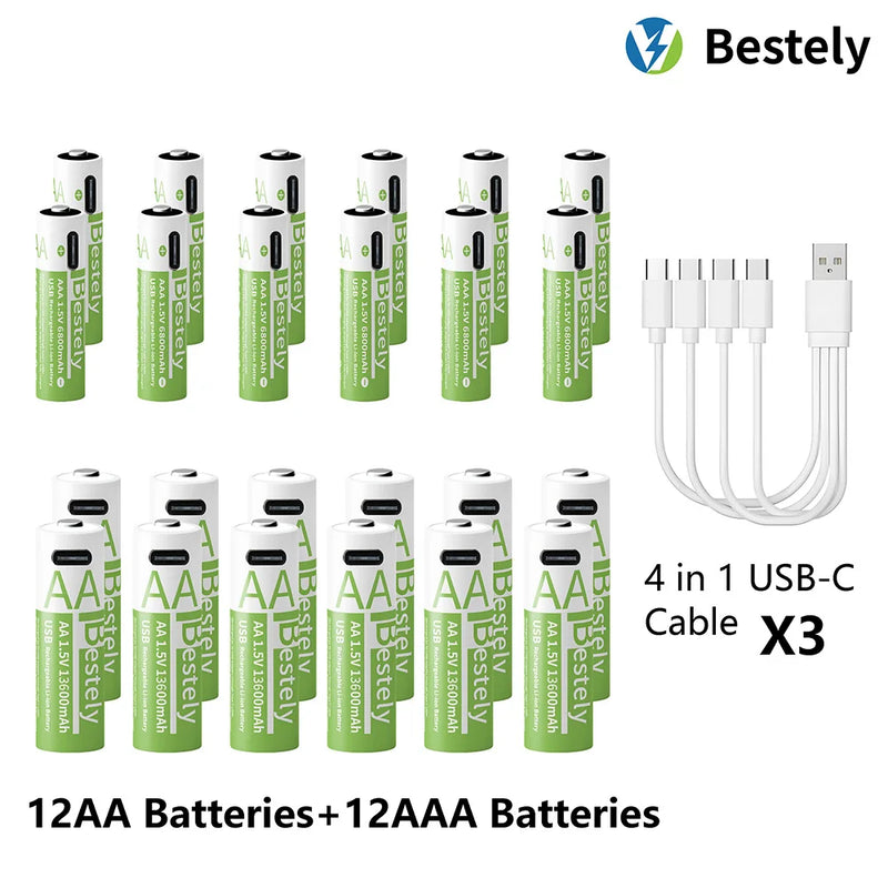 1.5V AA 13600mAh + AAA 6800mAh Rechargeable Lithium Battery Set with USB-C Fast Charging Type C Cable