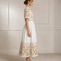 Embroidery Top And Skirt Elegant Hollow Out Color Contrast Women Two Piece Set Spring Summer Outfits