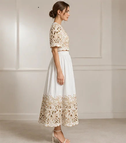 Embroidery Top And Skirt Elegant Hollow Out Color Contrast Women Two Piece Set Spring Summer Outfits