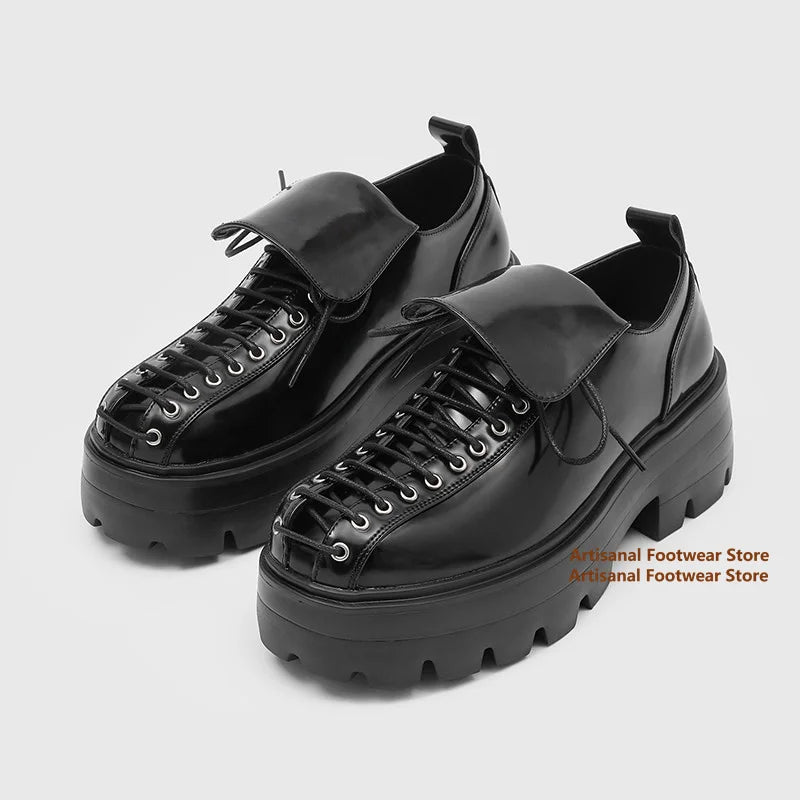 Thick Soled Derby Shoes British Style Men's Lace Up Round Toe Casual Leather Shoes Trendy Handmade Height Increasing Men's Shoes