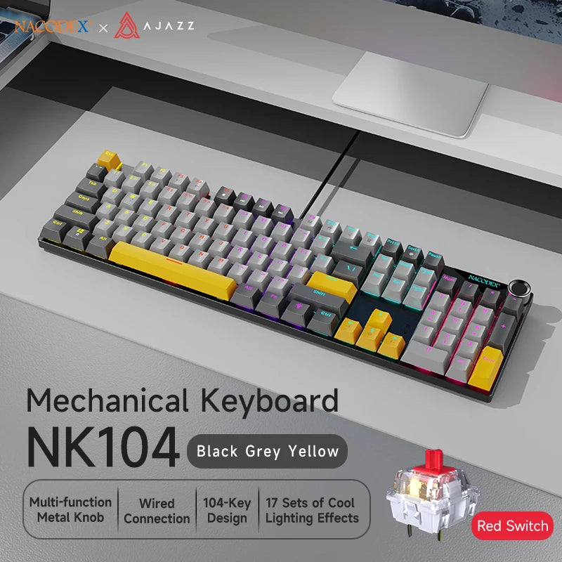 AJAZZ NK104 Mechanical Keyboard Wired Dual-Injection Keycaps 104 Hot-Swapping LED Hybrid Backlight Gamer Keyboard for Laptop PC