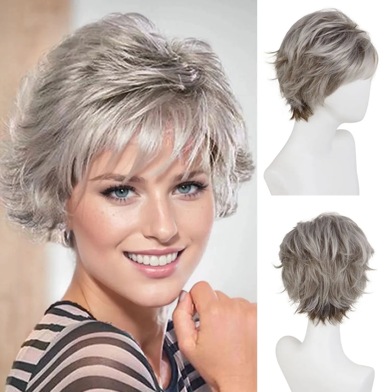 Women's Fashion Short Wigs Natural Synthetic Hair Mixed Blonde Pixie Cut Layered Wig with Bangs Heat Resistant Daily Party Use
