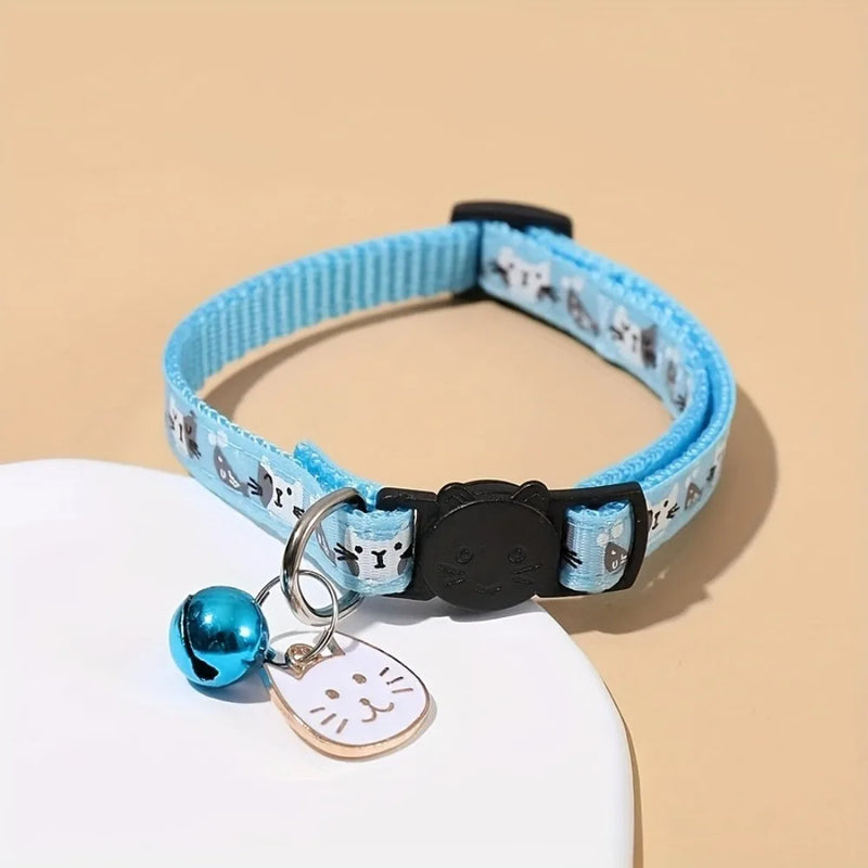 Adjustable Pet Cat Collar Quick Release Safety Buckle Anti-choking Puppy Collar with Cat Face Pendant Bell Cat Pattern