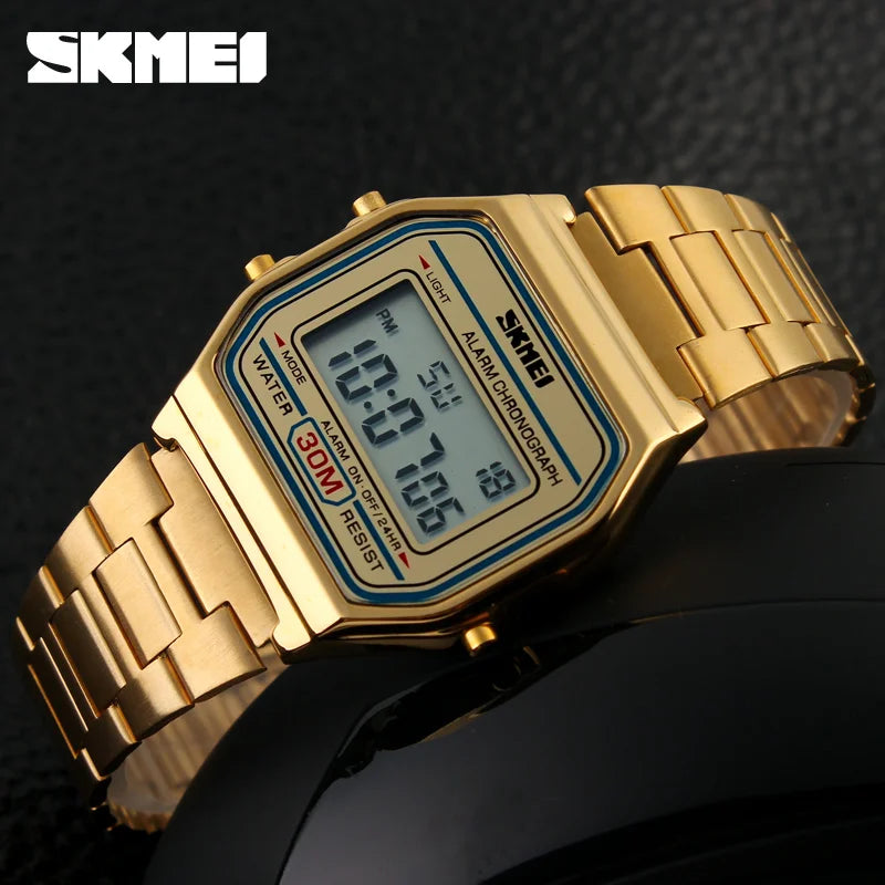 SKMEI 1123 Fashion Men Stainless Steel Strap LED Display Watches 3Bar Waterproof Digital Watch reloj hombre for Casual Sport