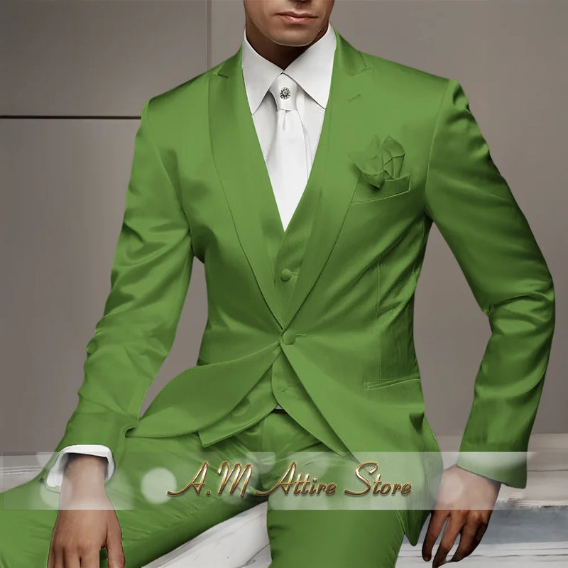 Men's Wedding Party Suits 3 Piece White Satin Mikado Jacket Vest Pants Set for Summer Banquet Party Father Gift Tailored Fit